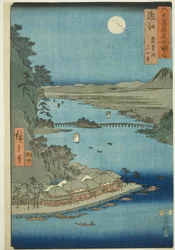 Provincia di Omi: Lago Biwa e Tempio Ishiyama (Omi, Biwako Ishiyamadera), dalla serie "Luoghi Famosi nelle Sessanta e Più Province (Rokujuyoshu meisho zue)"