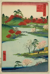 Apertura del giardino al santuario Fukagawa Hachiman (Fukagawa Hachiman yamabiraki), dalla serie "Cento vedute famose di Edo (Meisho Edo hyakkei)"