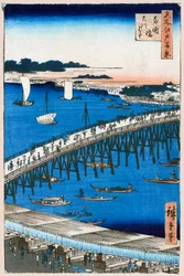 Riva del fiume al ponte di Ryogoku, Cento vedute famose di Edo, 1856-1858