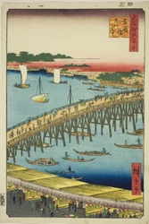 Ponte Ryogoku e la grande riva del fiume, dalla serie "Cento vedute famose di Edo"