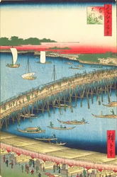 Ponte di Ryogoku e la grande riva del fiume, n.59 da Cento famosi vedute di Edo, 1856