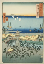 Provincia di Settsu: Spiaggia di Idemi a Sumiyoshi (Settsu, Sumiyoshi Idemi no hama), dalla serie "Luoghi Famosi nelle Sessanta e più Province (Rokujuyoshu meisho zue)"