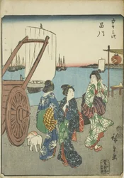 Shinagawa, dalla serie "Cinquanta e tre stazioni [del Tokaido] (Gojusan tsugi)," noto anche come il Tokaido delle figure (Jinbutsu Tokaido)