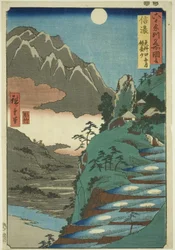 Provincia di Shinano: La Luna Riflessa nei Campi di Riso di Sarashina vicino al Monte Kyōdai (Shinano, Sarashina tagoto no tsuki, Kyōdaisan), dalla serie Luoghi Famosi nelle Sessanta e Più Province (Rokujūyoshū meisho zue)