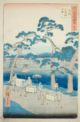 Shono: Antico sito del tumulo di Shiratori (Shono, Shiratorizuka koseki), no. 46 dalla serie "Luoghi famosi delle cinquantatré stazioni (Gojusan tsugi meisho zue)," conosciuta anche come la Tokaido verticale