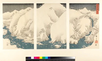 Tempesta di neve nelle montagne e nei fiumi di Kiso, (sanmaitsuzuki - trittico, yoko-e - formato orizzontale, xilografia a colori)