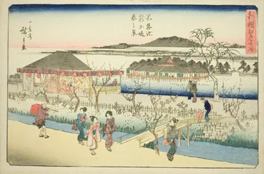 Vista primaverile del nuovo argine allo stagno di Shinobazu (Shinobazu ike shin dote haru no kei), dalla serie "Nuovi luoghi famosi selezionati a Edo (Shinsen Edo meisho)"