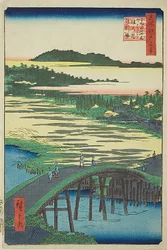 Ponte Sugatami, ponte Omokage e cava di ghiaia a Takata (Takata Sugataminohashi Omokagenohashi jariba), n. 116 della serie "Cento vedute famose di Edo (Meisho Edo hyakkei)".