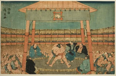 Incontro di sumo nei recinti del tempio Ekoin (Ekoin keidai sumo no zu), dalla serie "Ryogoku nella capitale orientale (Toto Ryogoku)"