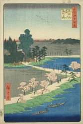 Gli alberi di canfora intrecciati al Santuario di Azuma (Azuma no mori Renri no azusa), dalla serie "Cento famosi vedute di Edo (Meisho Edo hyakkei)"