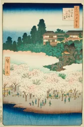 Il padiglione dei fiori sul pendio di Dango, Sendagi (Sendagi Dangozaka Hanayashiki), n. 16 della serie "Cento vedute famose di Edo (Meisho Edo hyakkei)".