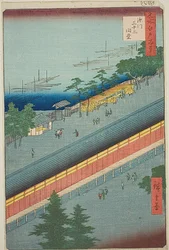 La sala delle trentatré baie di Fukagawa (Fukagawa Sanjusangendo), n. 69 della serie "Cento vedute famose di Edo (Meisho Edo hyakkei)".