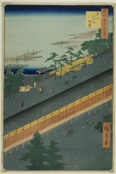 La sala delle trentatré baie di Fukagawa (Fukagawa Sanjusangendo), dalla serie "Cento vedute famose di Edo (Meisho Edo hyakkei)".