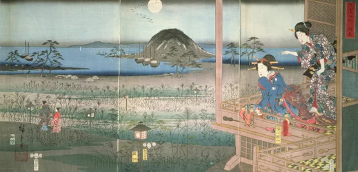 Lady Fujitsubo osserva il principe Genji mentre parte al chiaro di luna, 1853