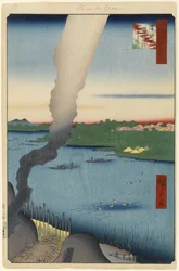 Fornaci di piastrelle e traghetto di Hashiba, fiume Sumida, n.37 da Cento famosi vedute di Edo, 1857