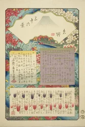 Pagina del titolo per la serie "Trentasei vedute del Monte Fuji (Meisho sanjurokkei)"