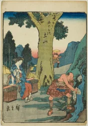 Tsuchiyama, dalla serie "Cinquantaquattro stazioni [del Tokaido] (Gojusan tsugi)", anche conosciuta come la Tokaido delle figure (Jinbutsu Tokaido)