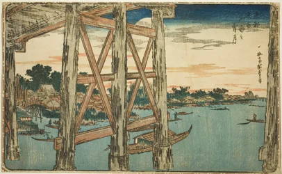 Luna al crepuscolo al ponte Ryogoku (Ryogoku no yoizuki), dalla serie "Vedute famose della capitale orientale (Toto Meisho)"