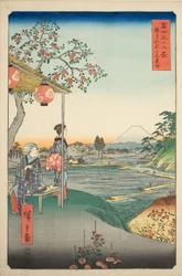 Veduta del Monte Fuji da una casa da tè a Zoshigaya (Zoshigaya Fujimi chaya), dalla serie "Trentasei vedute del Monte Fuji (Fuji sanjurokkei)"