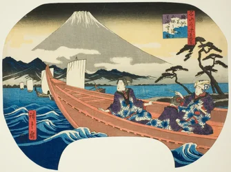 Vista del Monte Fuji dal mare della baia di Miho nella provincia di Suruga (Sunshu Fujisan Miho no kaijo yori chobo), dalla serie "Dieci vedute di montagne famose nelle province (Meizan tsukushi shokoku jukkei)"