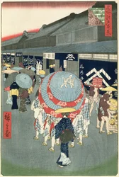 Vista di Nihonbashi Tori-itchome (Nihonbashi Tori-itchome Ryakuzu), tavola 44 da Cento vedute di Edo (stampa xilografica a colori)