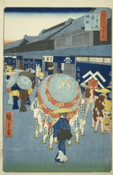 Veduta di Nihonbashi Tori-itchome (Nihonbashi Tori-itchome ryakuzu), dalla serie "Cento vedute famose di Edo (Meisho Edo hyakkei)"