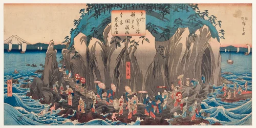 Veduta di un pellegrinaggio alla grotta e al santuario di Benzaiten a Enoshima, Sagami, ca. 1850-51