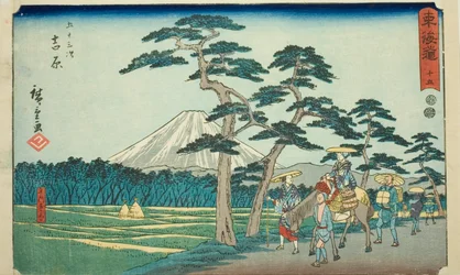 Yoshiwara: La famosa vista del Monte Fuji a sinistra (Yoshiwara, meisho hidari Fuji)—N. 15, dalla serie "Cinquantatré stazioni del Tokaido (Tokaido gojusan tsugi)", noto anche come il Reisho Tokaido