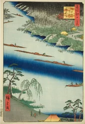 Tempio Zenkoji e il traghetto a Kawaguchi (Kawaguchi no watashi Zenkoji), dalla serie "Cento vedute famose di Edo (Meisho Edo hyakkei)"