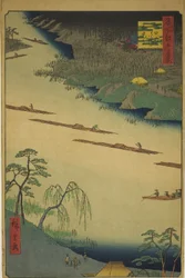 Tempio Zenkoji e il traghetto a Kawaguchi (Kawaguchi no watashi Zenkoji), dalla serie "Cento vedute famose di Edo (Meisho Edo hyakkei)"