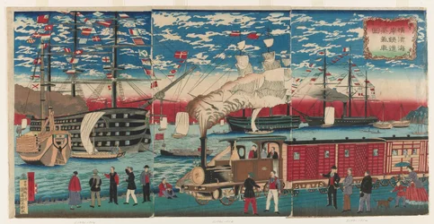 Immagine di una locomotiva lungo il lungomare di Yokohama, periodo Edo