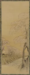 Paesaggio: ciliegi in fiore lungo le rive di un ruscello, periodo Edo, 1615-1868