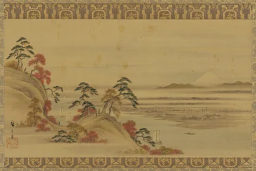 Paesaggio fluviale: fogliame rosso e Monte Fuji, periodo Edo, metà XIX secolo