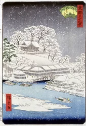 Un villaggio sotto la neve, Giappone - stampa giapponese di Hiroshige - XIX secolo