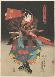 Attore con stendardo rosso e sandali