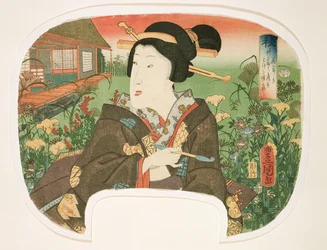 Autunno, Hanayashiki: Una geisha con una pipa, disegno per un ventaglio da un set di quattro che illustrano le stagioni