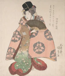 Attore Kabuki in un Ruolo Femminile con un Ventaglio