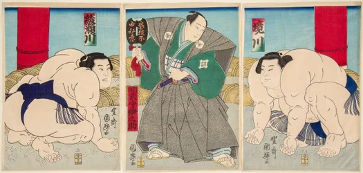 Combattimento dei lottatori di sumo Shakaigawa e Ayasemawa