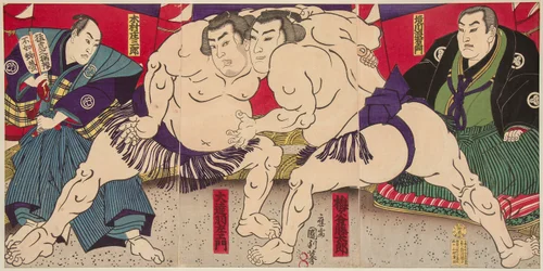 Combattimento di lottatori di sumo Umegatani Rodachi e Kimura Shonosuke