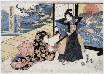 Giappone, atto II di Chushingura, racconto dei 47 Ronin (o 47 Samurai): Rikiya, con spada e ventaglio, in piedi accanto a Konami, inginocchiato a terra, che gli offre una tazza di tè, incisione di Utagawa Kuniyasu