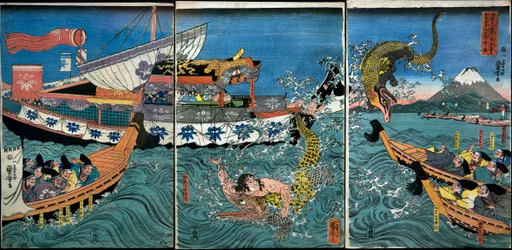 La lotta di Asahina Yoshihide con due coccodrilli nel mare al largo di Kamakura Kotsubo