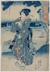 Geisha in piedi sulla riva del fiume Sumida