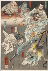 Minamoto Yoshitsune combatte Benkei sul ponte Gojō, con l