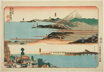 Nihonbashi, Shinagawa, Kawasaki e Kanagawa, dalla serie "Luoghi famosi sulle cinquantatré stazioni del Tokaido, quattro stazioni (Tokaido gojusan eki yonshuku meisho)"