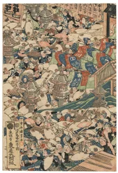 Pellegrini alla cascata di Roben a Oyama, firmato Ichiyusai Kuniyoshi, pubblicato da Azumaya Daisuke, sigillo kiwame, trittico Oban tate-e