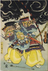 Foglio da una stampa a blocchi di legno a colori, raffigurante Minamoto no Yorimasa, aiutato da Ii Hayata e Watanabe Choshichi, che abbatte il nue dal tetto del palazzo dell