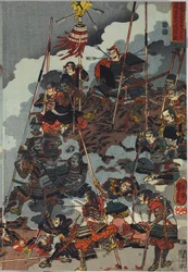 Foglio di una stampa a blocchi di legno a colori intitolata Eiroku yonnen kugatsu yokka Kawanakajima kassen ni Yamamoto Kansuke nyūdō no uchijini no zu