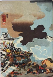 Foglio di una stampa a blocchi di legno a colori intitolata Eiroku yonnen kugatsu yokka Kawanakajima kassen ni Yamamoto Kansuke nyūdō no uchijini no zu