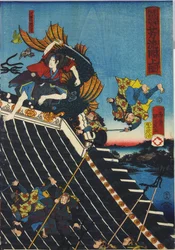 Foglio da un trittico di xilografie a colori, intitolato Hōryūkaku shō no zu che raffigura una scena dall