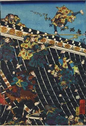 Foglio da un trittico di stampe a blocchi di legno a colori, intitolato Hōryūkaku shō no zu raffigurante una scena dall